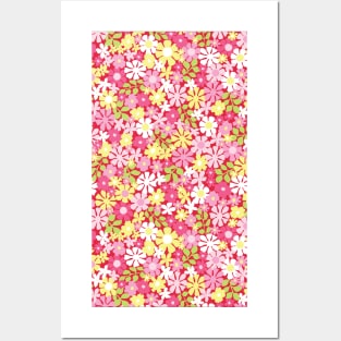 RETRO FLORAL PATTERN 70S  GROOVY PASTEL PINK YELLOW HOT PINK FLOWER MARKET SCANDINAVIAN MEADOW MIDSOMMAR Posters and Art